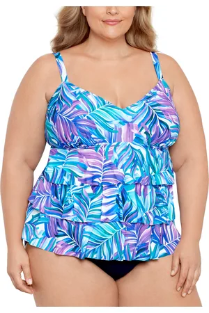 Swim Solutions Plus Size Tummy Control Printed Fauxkini One-Piece Swimsuit, Created for Macy