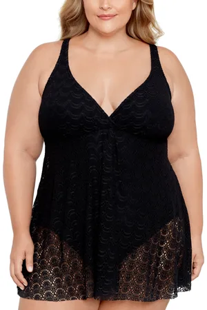 Swim Solutions Plus Size Tummy Control Flyaway Lace Swimdress, Created for Macy