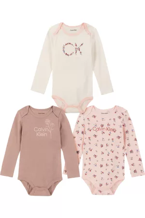 Calvin Klein Rompers - Baby Girls Logo Floral Long Sleeve Bodysuits, Pack of 3