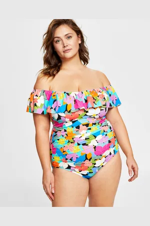 Swim Solutions Plus Size Tummy Control Off-The-Shoulder Ruffled Swimsuit, Created For Macy