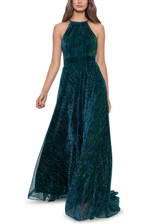 Betsy & Adam Petite Crinkled Metallic Halter Gown