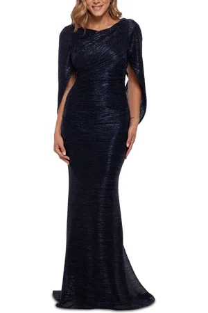 Betsy & Adam Metallic Cape Gown - Navy/Royal