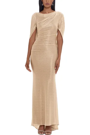 Betsy & Adam Metallic Cape Gown - Gold/Silver