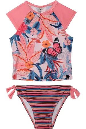 Deux par Deux Girls Loungewear - Girl Printed Two Piece Short Sleeves Rashguard Pink & Blue Butterflies