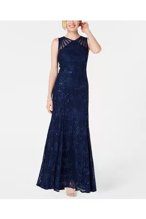 R & M Richards Women Evening Dresses & Gowns - Women's Long Embellished Illusion-Detail Lace Gown