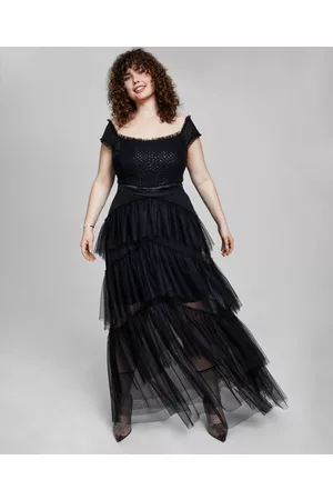 City Trendy Plus Size Tiered-Tulle Glitter-Knit Gown
