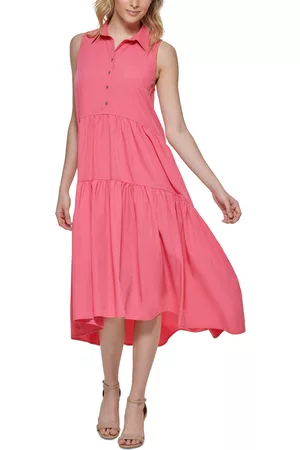 Tommy Hilfiger Women's Point Collar Sleeveless Tiered Swing Midi Dress