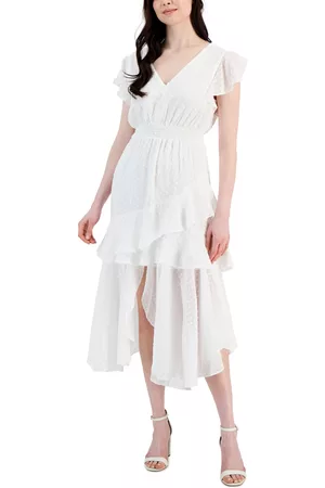 Taylor Women's Clip Dot Asymmetrical Hem Smocked-Waist Dress