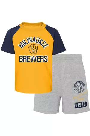Outerstuff Toddler Boys and Girls Gold and Heather Gray Milwaukee Brewers Two-Piece Groundout Baller Raglan T-shirt and Shorts Set - Gold, Heather Gray