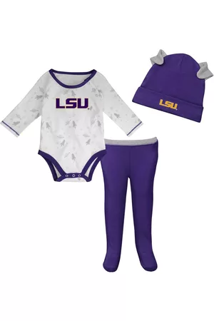 Outerstuff Girls Long Sleeved Shirts - Newborn and Infant Boys and Girls Purple, White Lsu Tigers Dream Team Raglan Long Sleeve Bodysuit Hat and Pants Set