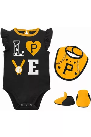 Outerstuff Girls Swimsuits - Newborn and Infant Boys and Girls Black, Gold Pittsburgh Pirates Three-Piece Love of Baseball Bib, Bodysuit and Booties Set