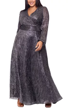 Betsy & Adam Women Long Sleeve Dresses - Plus Size Metallic Long-Sleeve Wrap Gown