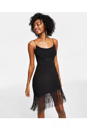 B Darlin Women Bodycon Dresses - Juniors' Bungee-Strap Fringe-Trim Bodycon Dress