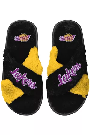 FOCO Women Winter Boots - Women's Los Angeles Lakers Two-Tone Crossover Faux Fur Slide Slippers