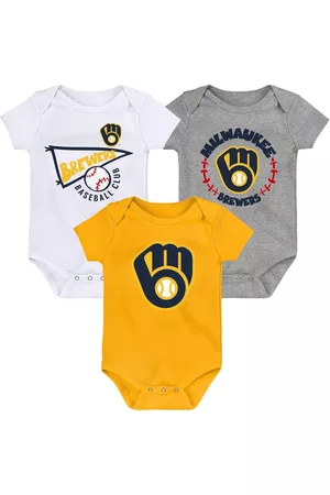 Outerstuff Girls Swimsuits - Newborn and Infant Boys and Girls Gold, White, Heather Gray Milwaukee Brewers Biggest Little Fan 3-Pack Bodysuit Set