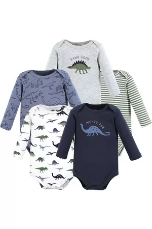Hudson Rompers - Unisex Baby Cotton Long-Sleeve Bodysuits, Blue Green Dino, 5-Pack
