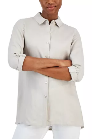Alfani Women Tunics - Women's Button-Front Roll-Sleeve Linen Blend Tunic, Created for Macy's