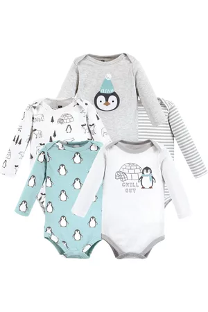 Hudson Rompers - Unisex Baby Cotton Long-Sleeve Bodysuits, Chill Out Penguin, 5-Pack