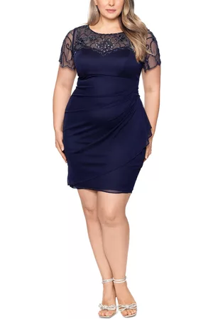 Xscape Women Ruched Dresses - Plus Size Beaded Illusion-Trimmed Ruched Dress