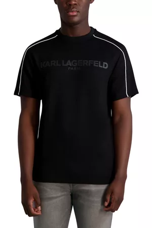 Karl Lagerfeld Men Short Sleeved T-Shirts - Men's Kidult Short Sleeve Knit Top with Printed Logo and Piping On Shoulder