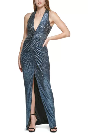 Vince Camuto Women Halter Neck Dresses - Women's Sequined Ruched Halter Gown