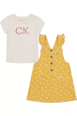 Calvin Klein Girls Short Sleeved T-Shirts - Baby Girls Logo Short Sleeve T-shirt and A-line Printed French Terry Jumper, 2 Piece Set