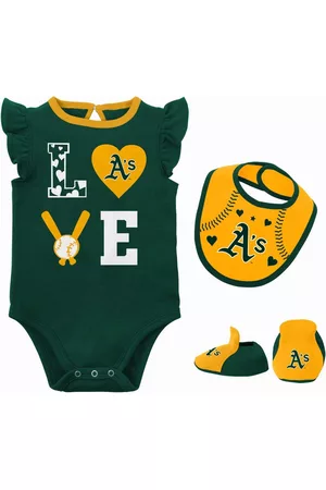 Outerstuff Girls Swimsuits - Newborn and Infant Boys and Girls Green, Gold Oakland Athletics Three-Piece Love of Baseball Bib Bodysuit and Booties Set