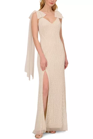 Adrianna Papell Women Evening Dresses - Women's Beaded Shoulder-Bow V-Neck Gown