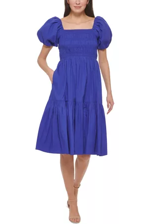 Vince Camuto Women Puff Sleeve Dress - Women's Puff-Sleeve Square-Neck Smocked-Bodice Cotton Midi Dress