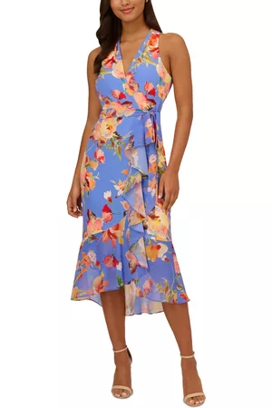 Adrianna Papell Women Printed Dresses - Women's Printed Faux-Wrap Halter Dress