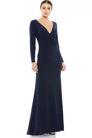 Mac Duggal Women Long Sleeve Dresses - Women's Ieena For Long Sleeve Ruched Jersey V-Neck Gown