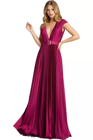 Mac Duggal Women Evening Dresses & Gowns - Women's Ieena For Pleated Plunge Neck Belted Satin Gown