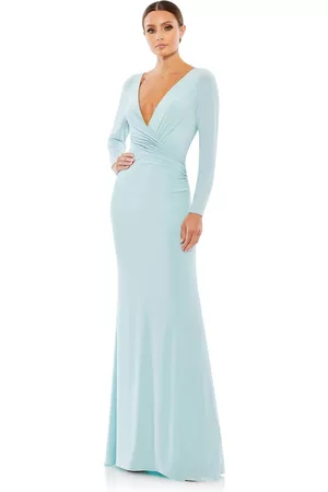 Mac Duggal Women Long Sleeve Dresses - Women's Ieena Long Sleeve Ruched Jersey V-Neck Gown