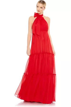 Mac Duggal Women Evening Dresses & Gowns - Women's Ieena Ruched Tiered High Neck Bow A Line Gown