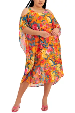 Robbie Bee Women Midi Dresses - Plus Size Cold-Shoulder Kaftan Midi Dress