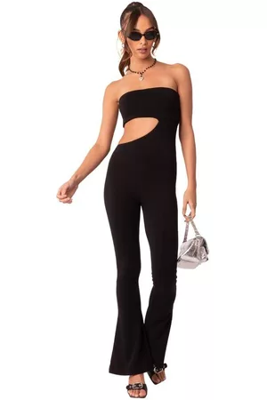 Edikted Women Flared Jumpsuits - Women's Strapless Flare Jumpsuit With Waist Cut Out