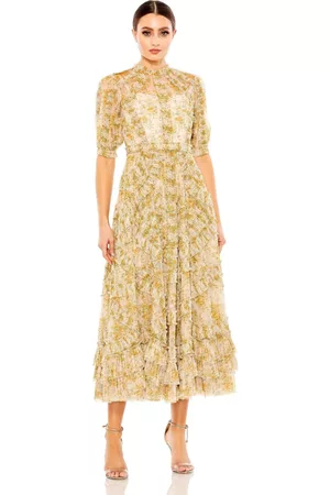 Mac Duggal Women Printed & Patterned Dresses - Women's Mesh Puff Sleeve Floral Print Dress