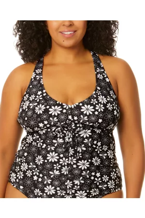 Salt + Cove Women Swimsuits - Trendy Plus Size Coastal Fleurs Cinch-Front X-Back Tankini Top, Created for Macy's Women's Swimsuit