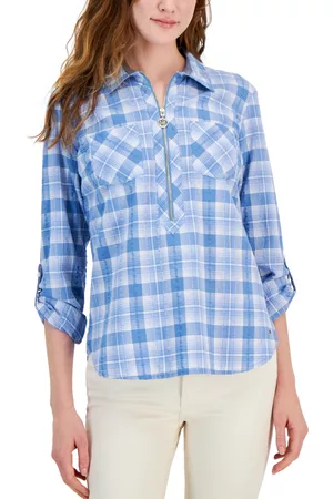 Tommy Hilfiger Women Plaid Shirts - Women's Cotton Plaid Zip Roll-Tab Shirt