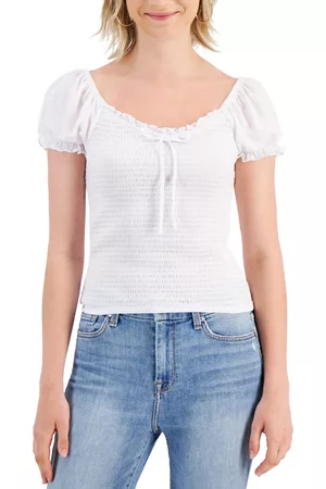 Crave Fame Girls Tops - Juniors' Round-Neck Puff-Sleeve Smocked Top