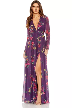 Mac Duggal Women Ruched Tops - Women's Ieena Long Sleeve Ruched Top Deep V Gown