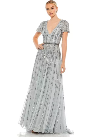 Mac Duggal Women Evening Dresses & Gowns - Women's Flutter Sleeve Embellished Plunge Neck A Line Gown