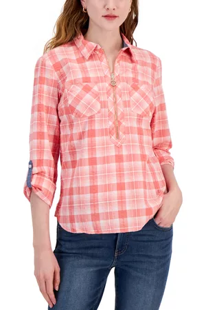 Tommy Hilfiger Women Plaid Shirts - Women's Cotton Plaid Zip Roll-Tab Shirt