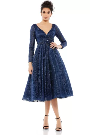 Mac Duggal Women Long Sleeve Dresses - Women's Long Sleeve Embroidered Tea Length Dress