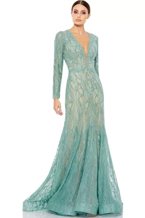 Mac Duggal Women Long Sleeved Shirts - Women's Beaded Illusion Long Sleeve Plunge Neck Gown