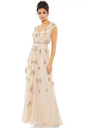 Mac Duggal Women Evening Dresses & Gowns - Women's Embellished Wrap Over Cap Sleeve A-Line Gown