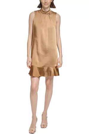 Calvin Klein Women Sleeveless Dresses - Women's Mock Neck Sleeveless Flounce-Hem Dress