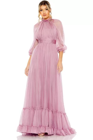 Mac Duggal Women Evening Dresses & Gowns - Women's Chiffon Ruched Illusion Raglan Sleeve Ruffled Gown
