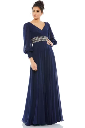 Mac Duggal Women Evening Dresses & Gowns - Women's Bishop Sleeve Wrap Over Belt Detail Flowy Gown