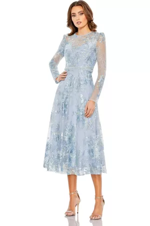 Mac Duggal Women Long Sleeve Dresses - Women's Embellished Illusion Long Sleeve Midi Dress